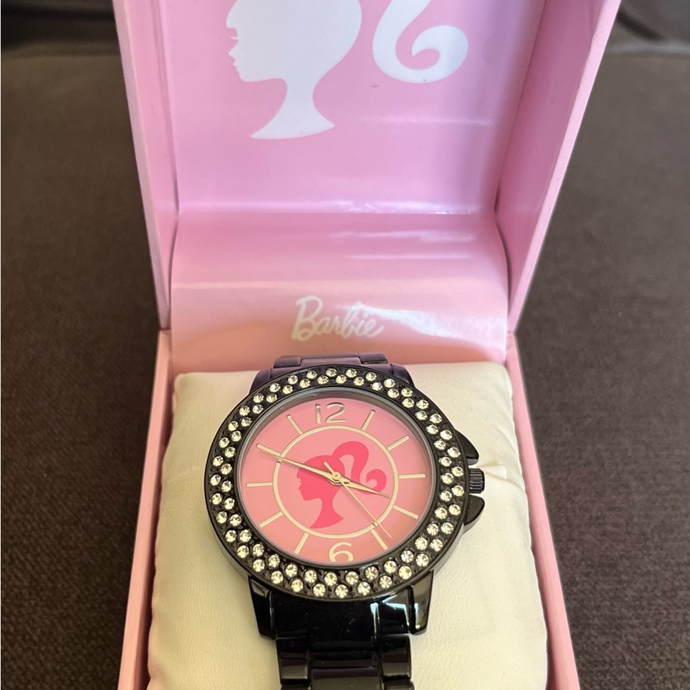 🆕 Barbie Pink and Black Crystal Accent Watch
